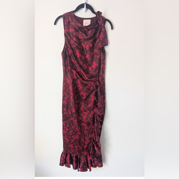 Cinq A Sept Nanon 100% Silk Cowl Neck Red Floral Ruffled Asymmetrical Midi Dress - Picture 2 of 9